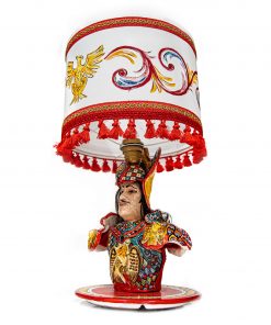 Lampada Pupo Siciliano Orlando in ceramica con paralume in tessuto decorato a mano