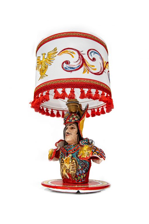Lampada Pupo Siciliano Orlando in ceramica con paralume in tessuto decorato a mano